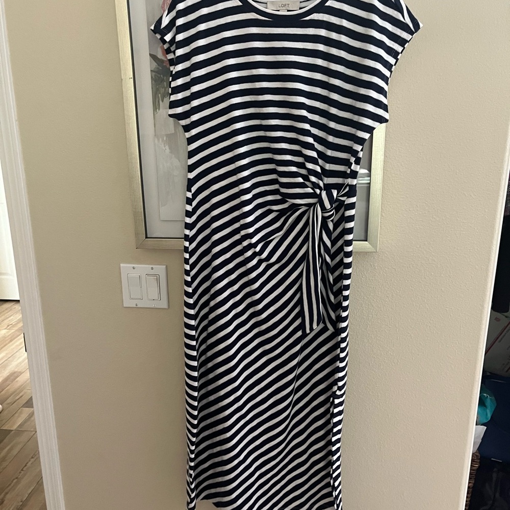 LOFT Navy and White Striped Midi Dress